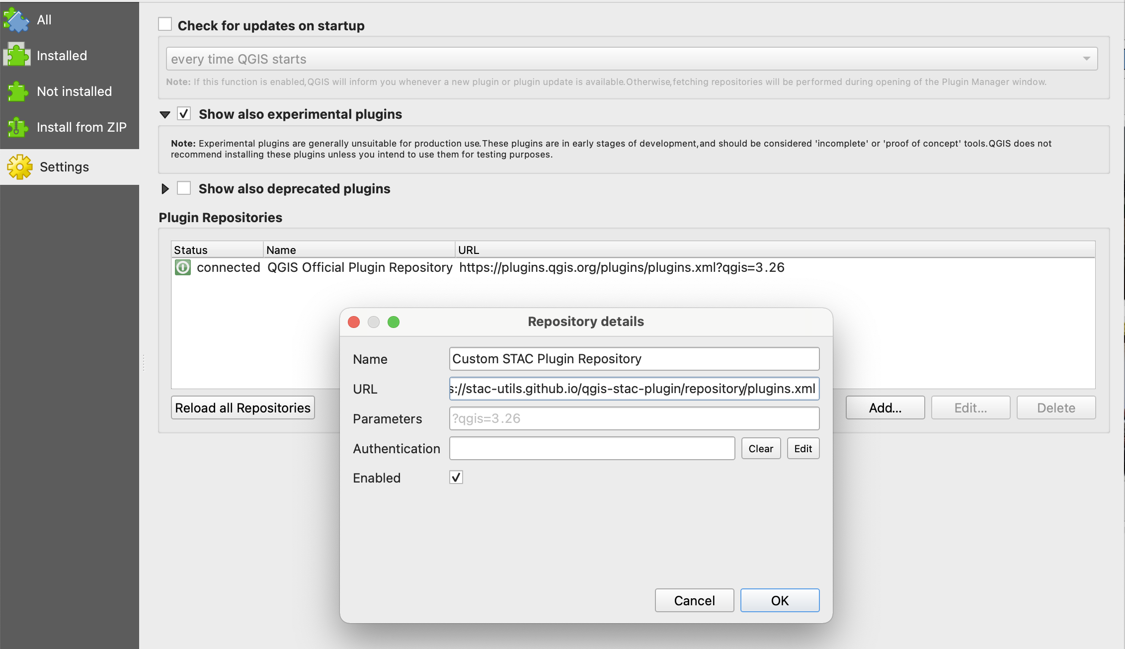 Screnshot of how to add a custom QGIS plugin repository