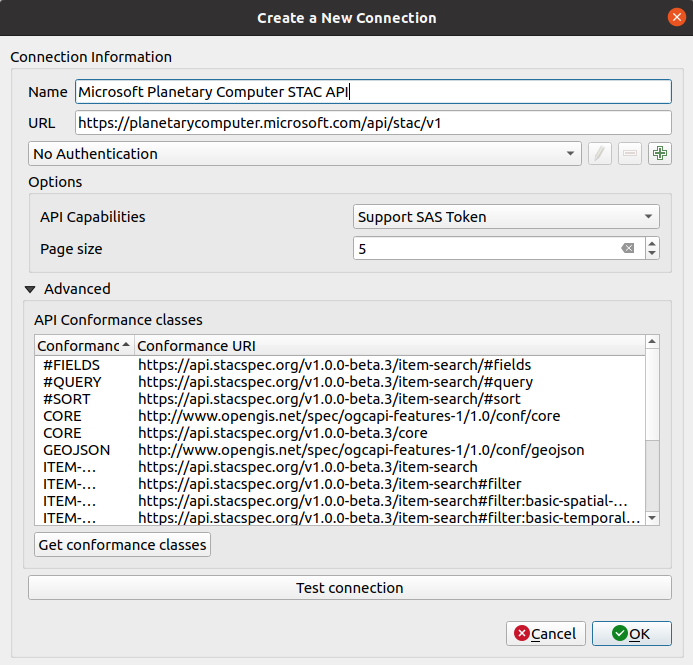 Screenshot of the connection dialog box with a Microsoft Planetary Computer STAC API details