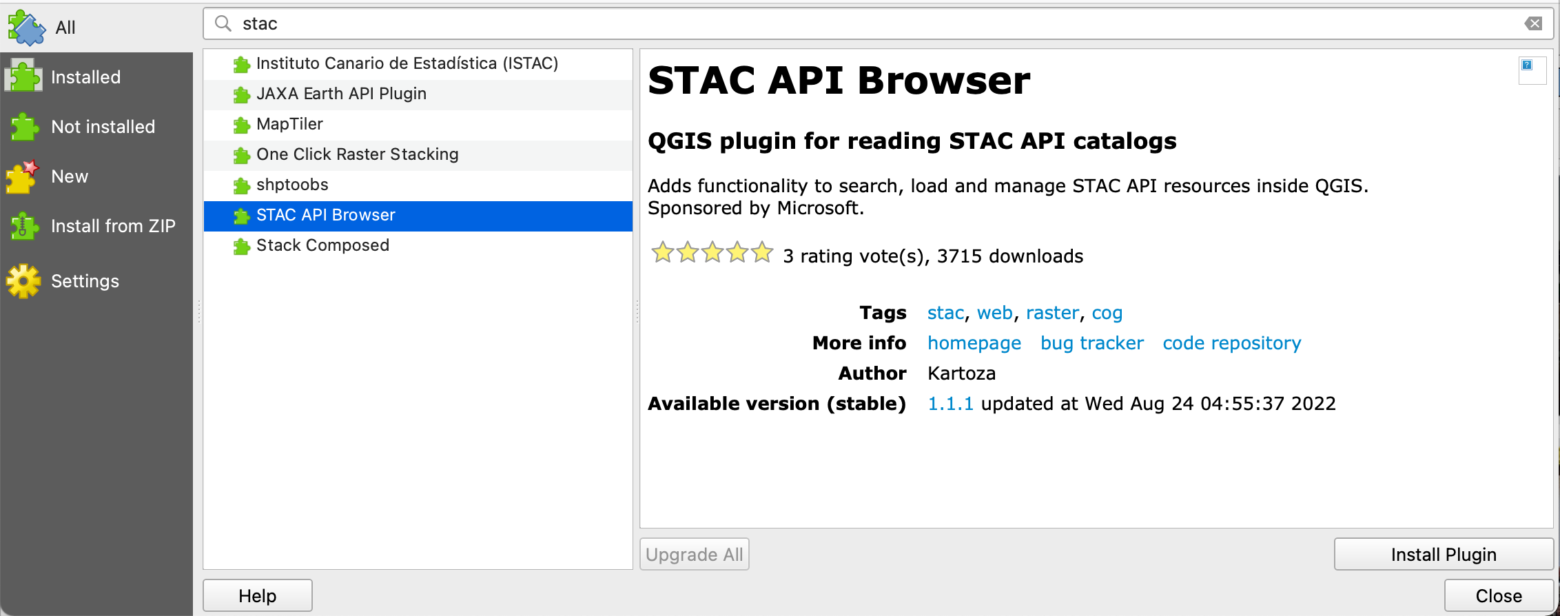 Screenshot of the Plugin Manager search result of the QGIS STAC API Browser plugin