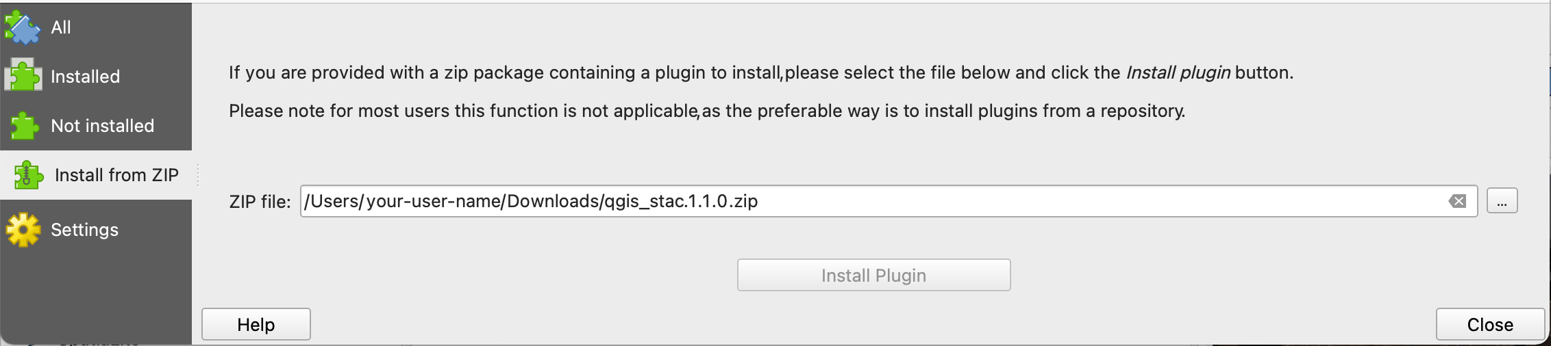 Screenshot of the installation of the STAC plugin from a ZIP file